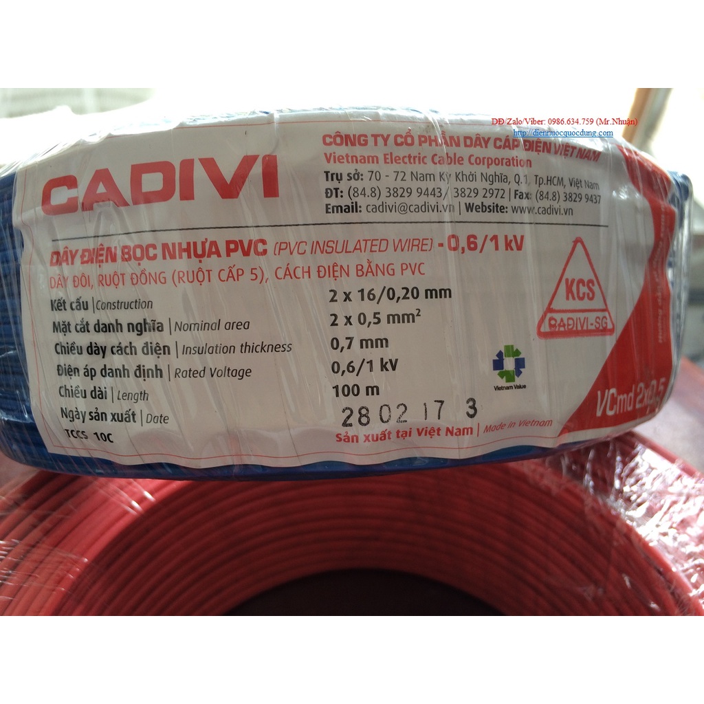 Dây cáp điện đôi mềm Cadivi VCmd 2x0.5mm2,  2x0.75mm2, 2x1mm2, 2x1.5mm2, 2x2.5mm2 (cuộn 100m)