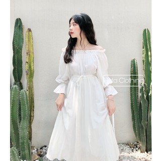 Đầm trắng bẹt vai tay dài xinh