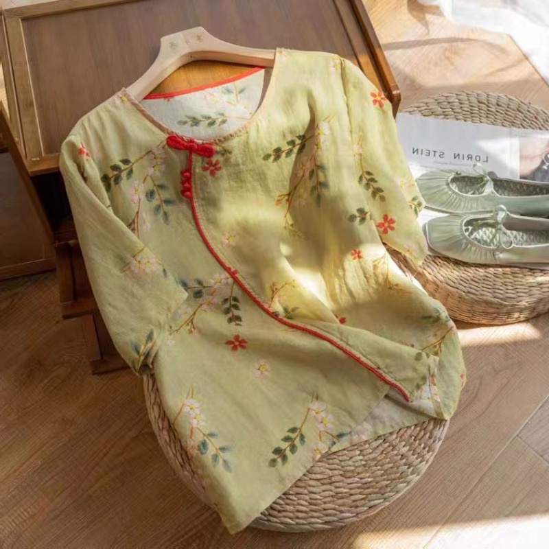 Ice cotton and linen short-sleeved shirt blouse Chinese plate button improved tea wear printed linen pick up