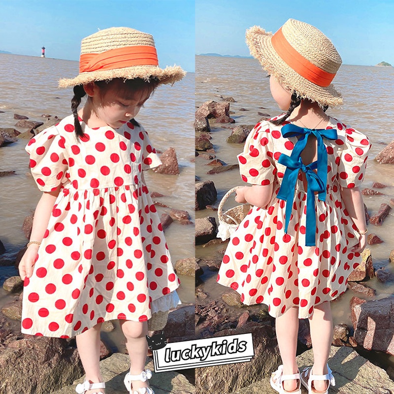 Đầm Công Chúa Tay Phồng Thắt Nơ Lưng Họa Tiết Chấm Bi Đáng Yêu Cho Bé Gái