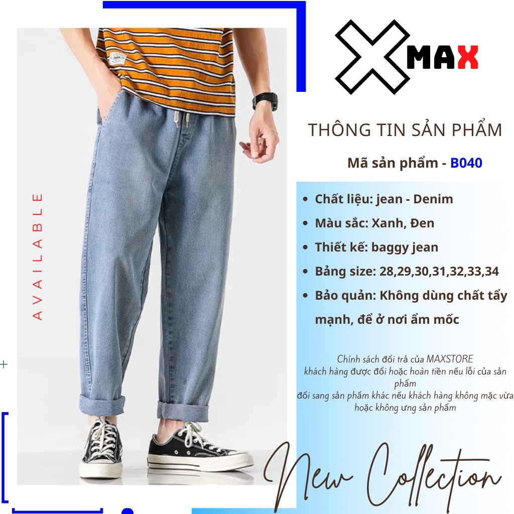 Quần jean nam Baggy màu xanh phom suông, rộng chất bò cao cấp hottrend hàn quốc Xmax B040