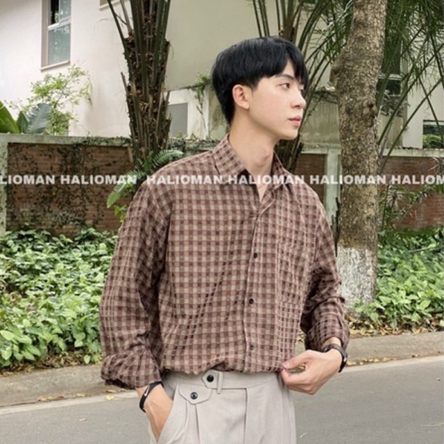 Áo sơ mi nam caro nâu,ghi đen phong cách,thoáng mát,dáng rộng - HALIOMAN