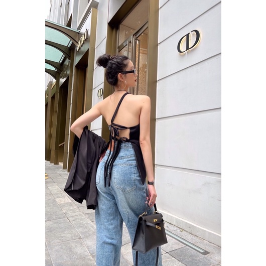 ELE Studios -Áo chéo vai nữ cao cấp đen kim tuyến Bling Bling có sẵn mút ngực cột nơ lưng sexy cá tính quyến rũ ELE