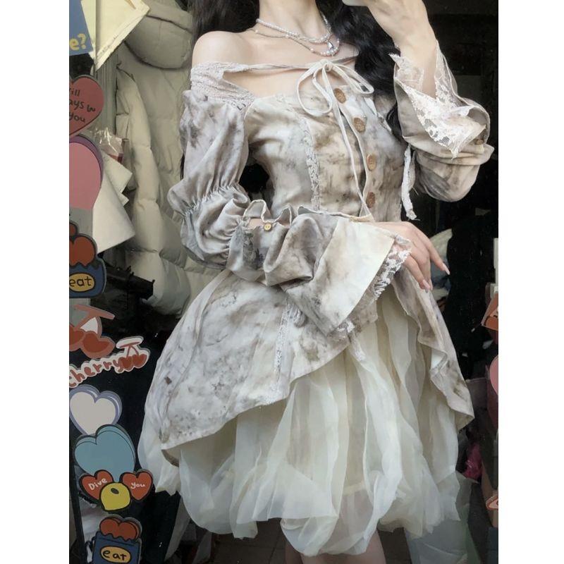 Bộ Áo Sơ Mi Tay Phồng Cột Dây Màu Nhuộm + Chân Váy Lưng Cao Thời Trang Cho Nữ