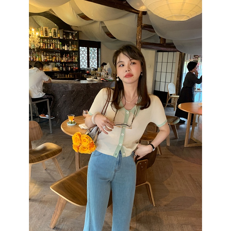 Áo sơ mi dệt kim POLO ZHELIHANGFEI ngắn tay eo cao kiểu dáng đơn giản