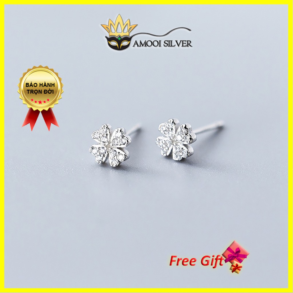 Bông tai bạc S925 cỏ 4 lá trái tim chui gài - Amooi Silver AB84