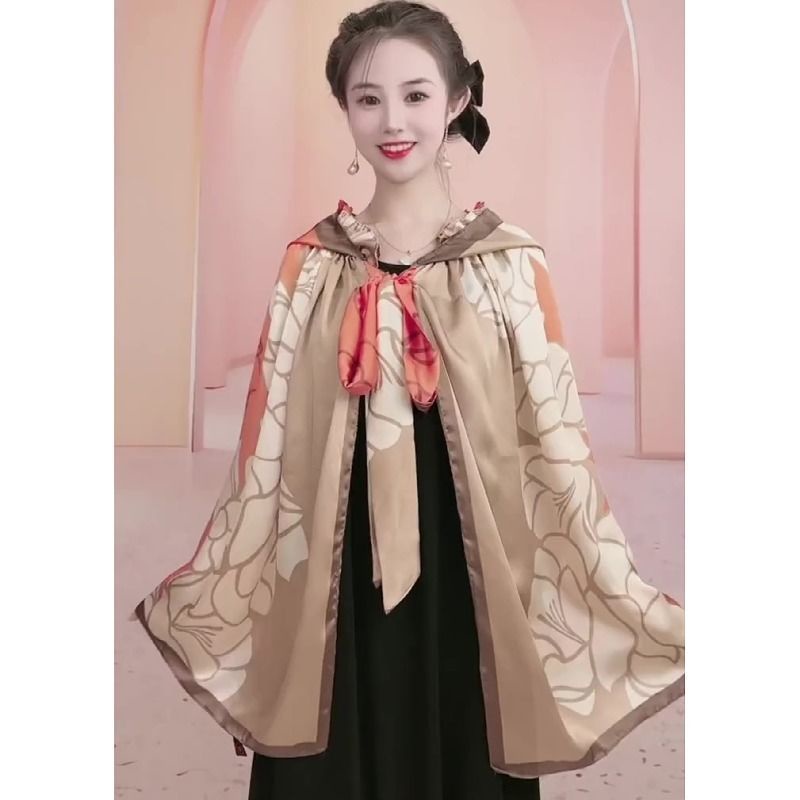 Áo choàng chống nắng có mũ trùm đầu cổ sen bằng thun lạnh họa tiết hoa trà màu cam thời trang
