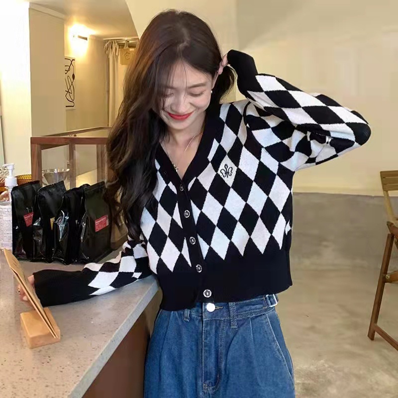 Áo khoác cardigan SUXI dệt kim tay dài cổ chữ v phong cách thời trang retro hàn quốc