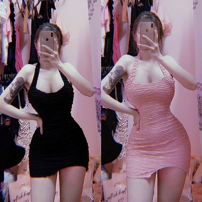 Đầm Xốp Vảy Cá Dáng Ngắn Cổ Yếm QC Hàng Xịn