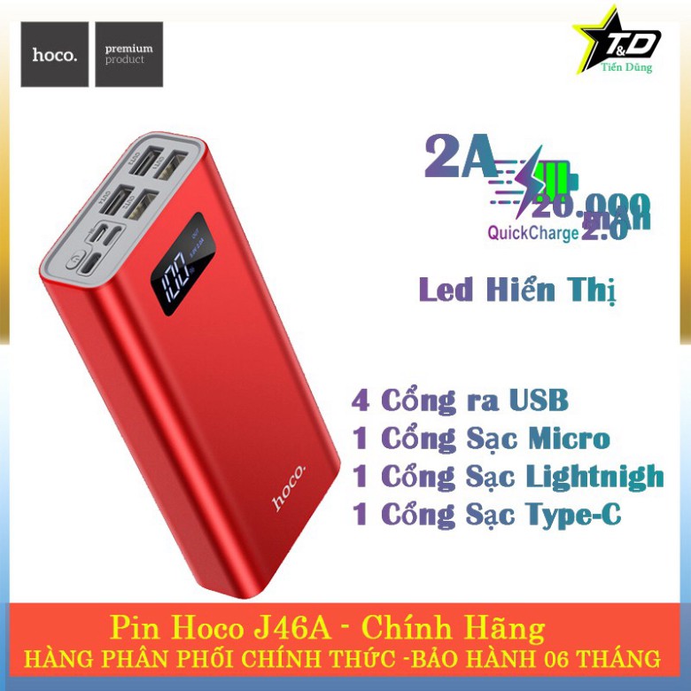 Pin sạc dự phòng Hoco J46A Star ocean 20000mAh 3 cổng vào pin là : Lightning Micro Type-C / 4 cổng Output USB ♥️♥️