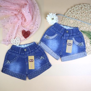 [HÀNG VNXK] Quần sooc bò bé gái 10-25kg phối chấm bi gấu, vài 100% jeans cotton Hàn Quốc