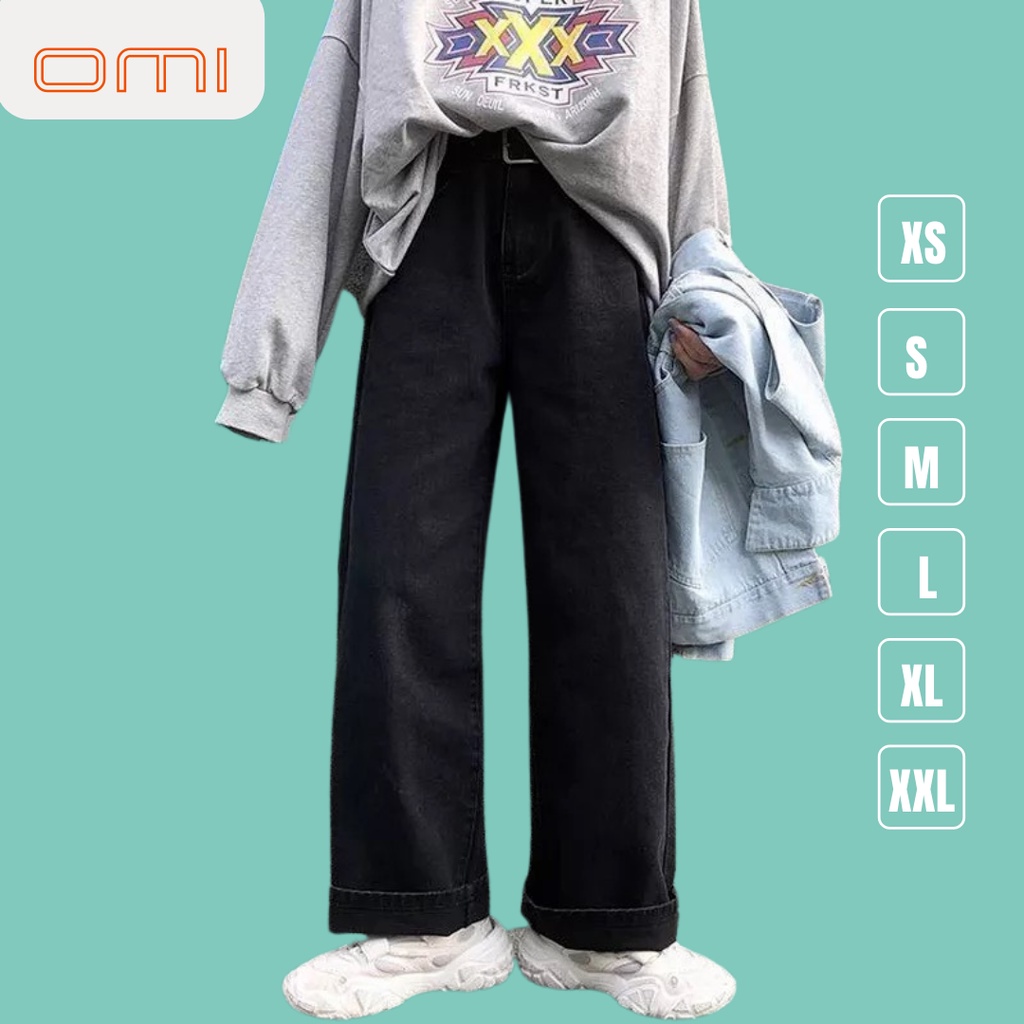 Quần Jeans ống rộng nữ OMI, Quần bò nữ ống suông rộng baggy Ulzzang TR03 màu đen full phong cách Hàn Quốc hot hit 2022