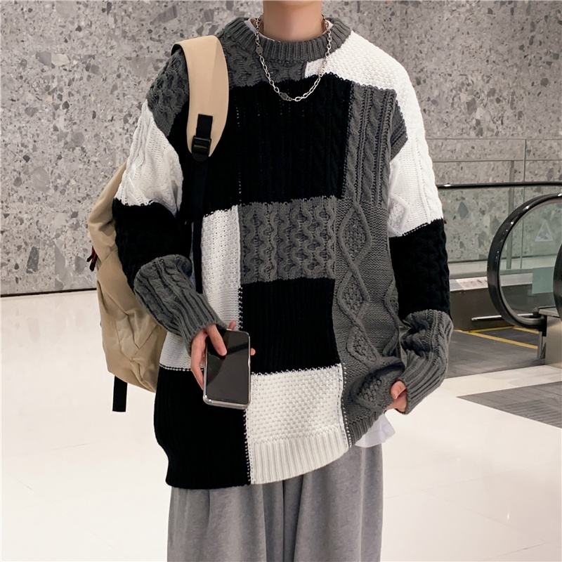 Áo Sweater Cổ Tròn Dáng Rộng Phối Màu Tương Phản Kiểu Nhật Hàn Thời Trang Thu Đông Cho Nam