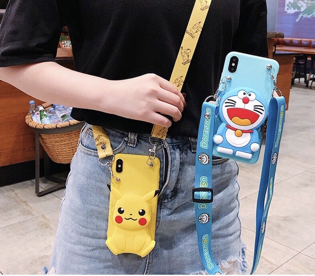 Ốp lưng iphone ON03H có dây đeo dạng ví đựng hình Pikachu và Doraemon 3D