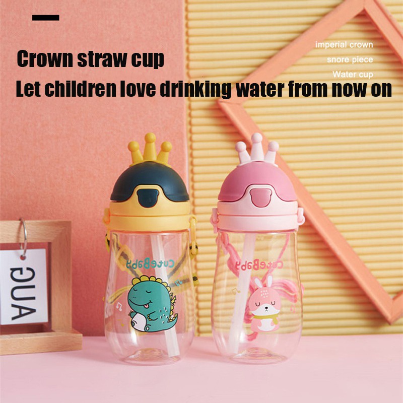 Bình Nước 560ML Có Ống Hút Họa Tiết Vương Miện Dễ Thương Cho Bé