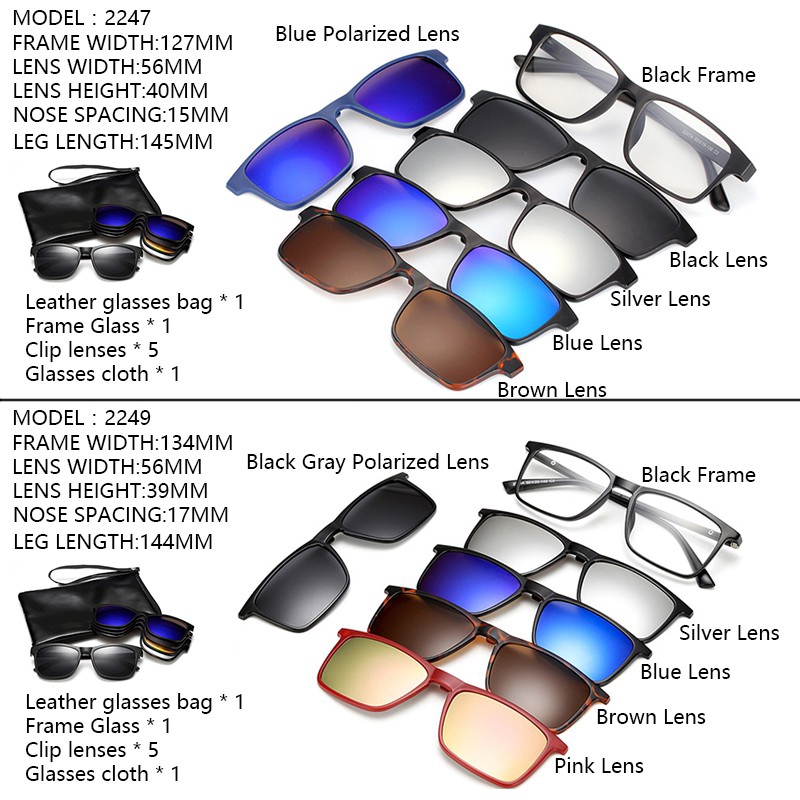 Bộ kính râm gọng tròn kèm 5 tròng phân cực nhiều màu sắc đa dạng