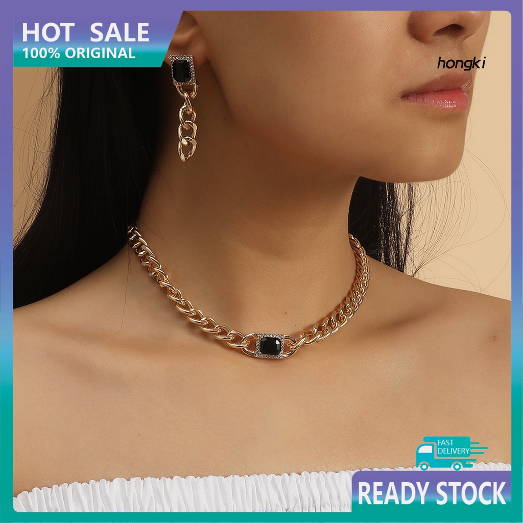 Set 2 Bông Tai Dây Xích Dày Đính Đá Nhân Tạo Phong Cách Hip Hop