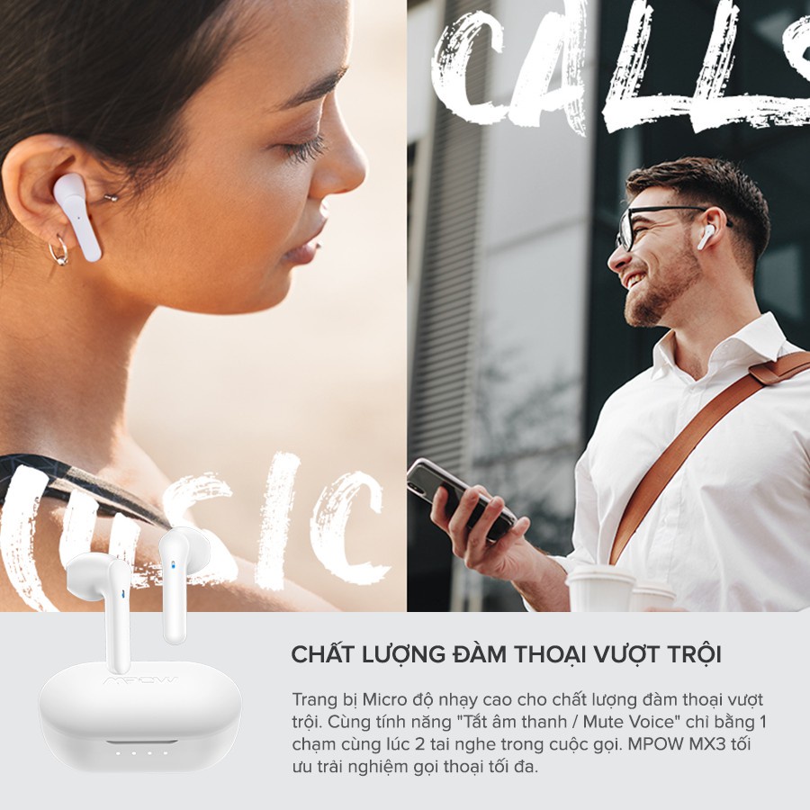 Tai Nghe True Wireless MPOW MX3, Sạc Không Dây, BT 5.0, Cảm Ứng, Kháng Nước IPX4 - Chính Hãng BH 12T