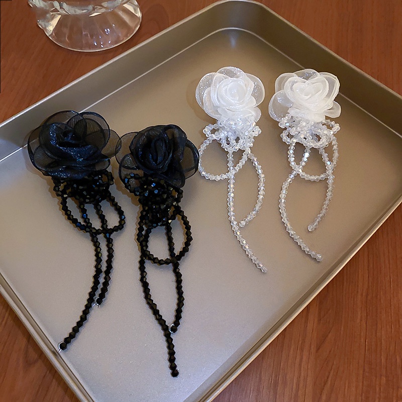 Bông Tai Mạ Bạc Hình Hoa Phối Tua Rua Xinh Xắn Thời Trang