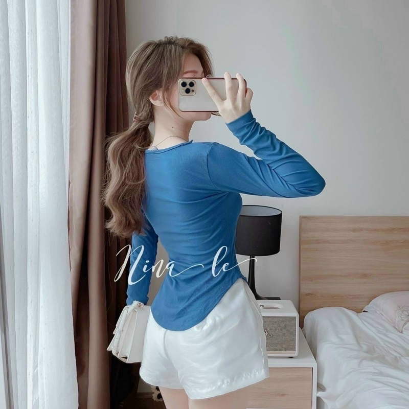 áo thun tay dài cổ vuông vạt bầu vải thun gân mềm mại