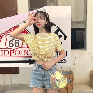 ÁO THUN CROPTOP SỌC XOẮN EO