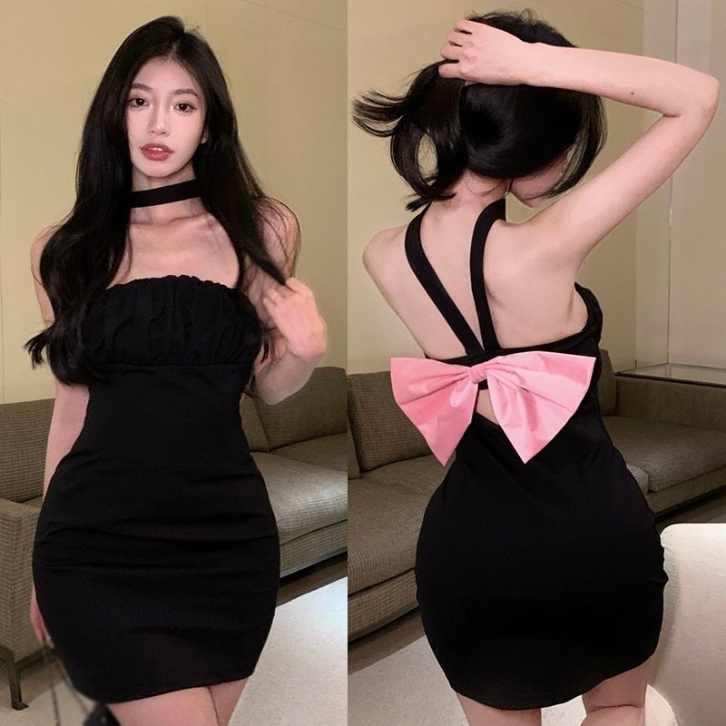 Đầm Hở Lưng Thắt Nơ Cổ Phong Cách Hàn Quốc Dành Cho Nữ