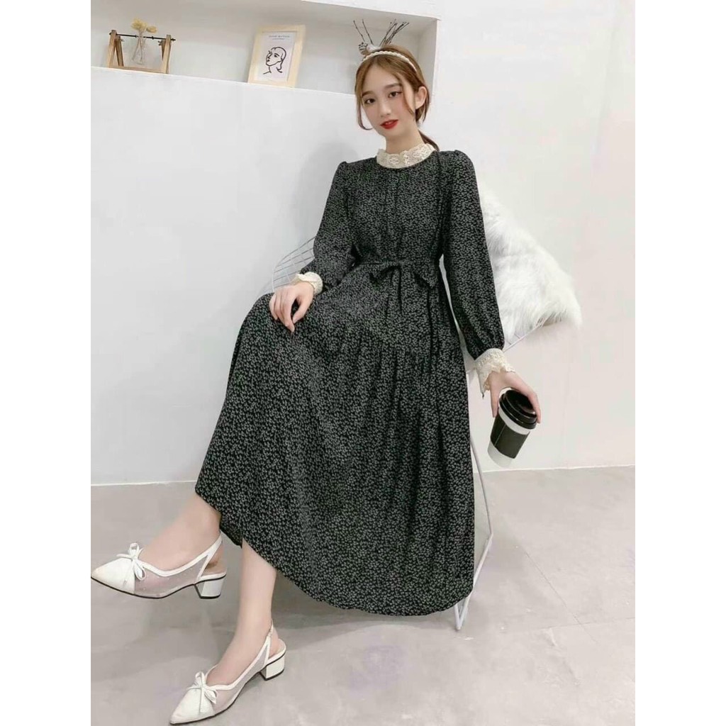 Váy bầu thời trang thu đông đẹp Aidenshop đầm bầu công sở hoa nhí vintage dáng dài maternity dress