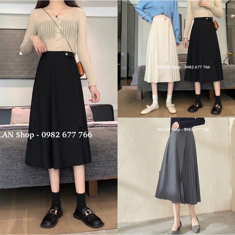 Chân váy dài qua gối phối dập ly midi thời trang mới