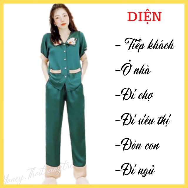 Bộ Đồ Mặc Nhà Pijama Nữ Lụa Satin Cao Cấp Mặc Ngủ Có 2 Túi Tay Ngắn Quần Dài Vải Mềm Thấm Hút Mồ Hôi Thanh Lịch Hiện Đại