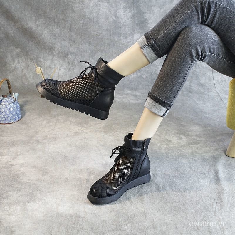 Women's Boots Summer New Hollow out Leather Sandal Boots Mesh Dr. Martens Boots Closed Toe Sandals High Top Height Increasing Insole Women's Shoes