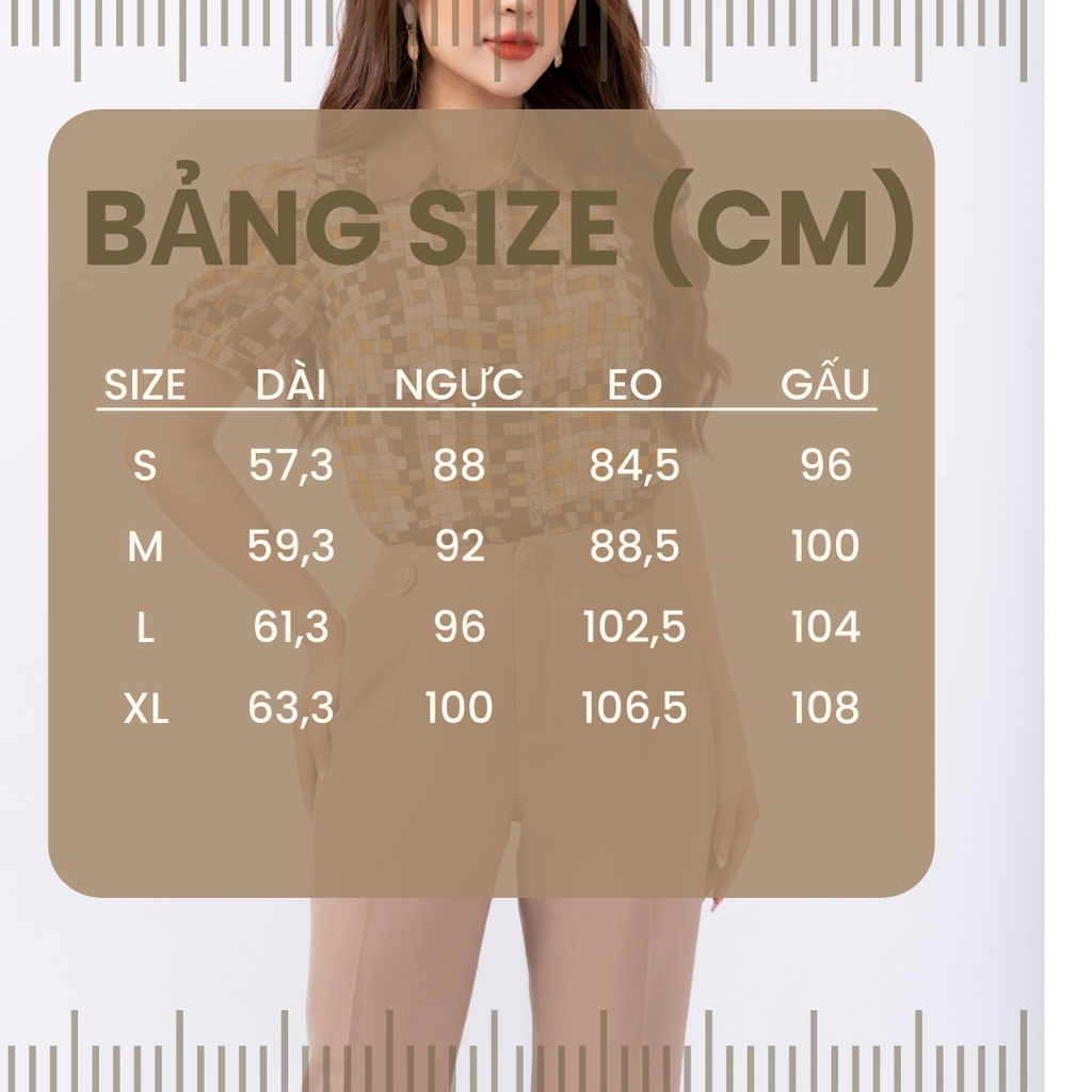 Áo sơ mi nữ dáng suông FIONA sơ mi công sở họa tiết ô chữ tay ngắn nhún bồng phối cổ organza F552175