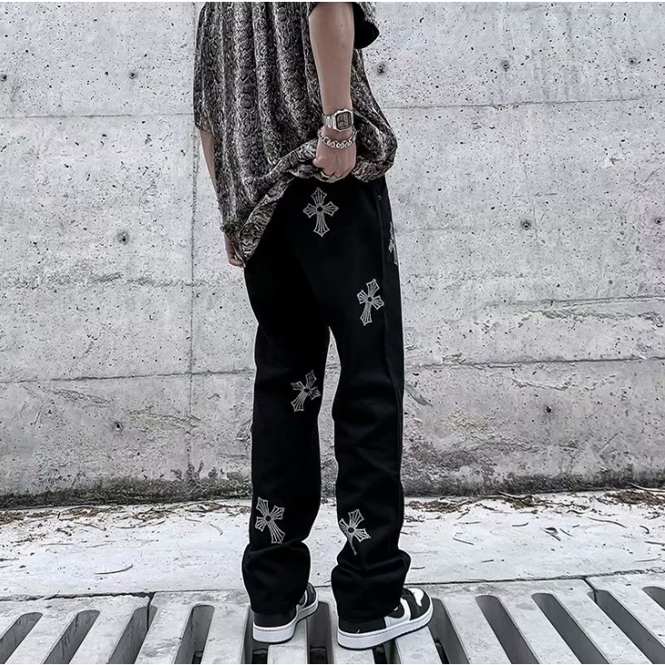 ThờI Trang QuốC HàN ĐẹP Quần Jean Đen Dáng Suông In Chữ Thập Cá Tính Phong Cách Harajuku Cho Nam QuầN VảI ỐNg SuôNg Nam