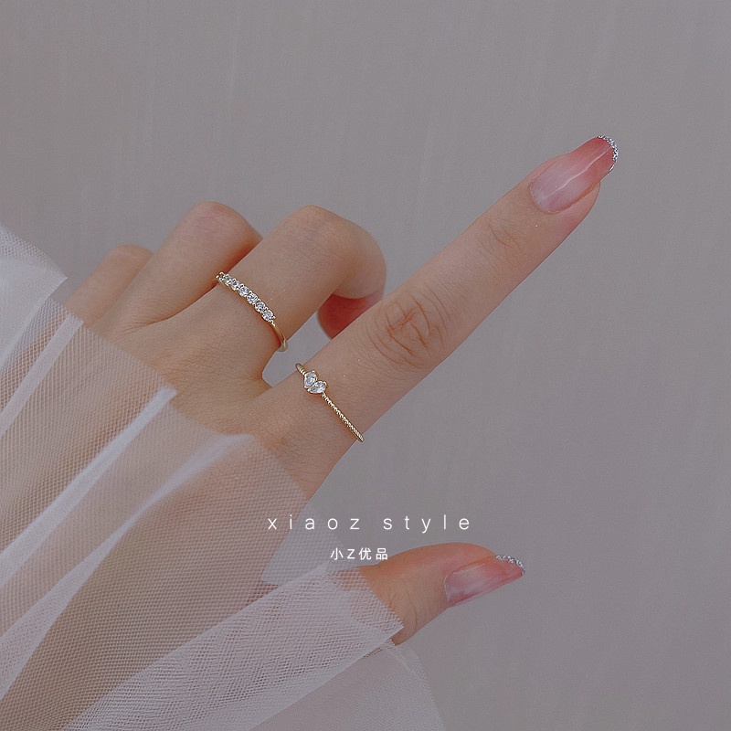 Set 2 Nhẫn Đính Đá Zircon Hình Trái Tim Có Thể Điều Chỉnh Phong Cách Hàn Quốc
