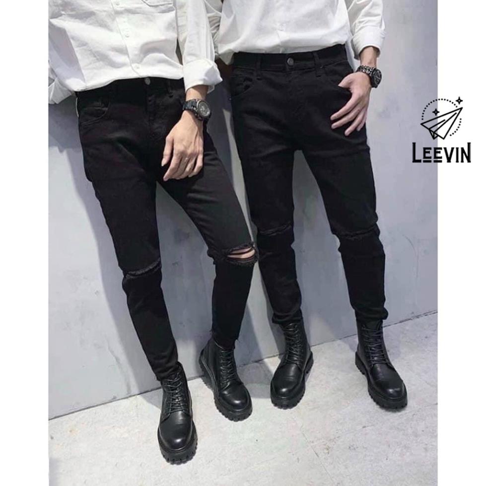 Quần Jean Nam Rách Gối Màu Đen phong cách Slim Fit Kiểu quần bò nam form ôm dáng Leevin Store !