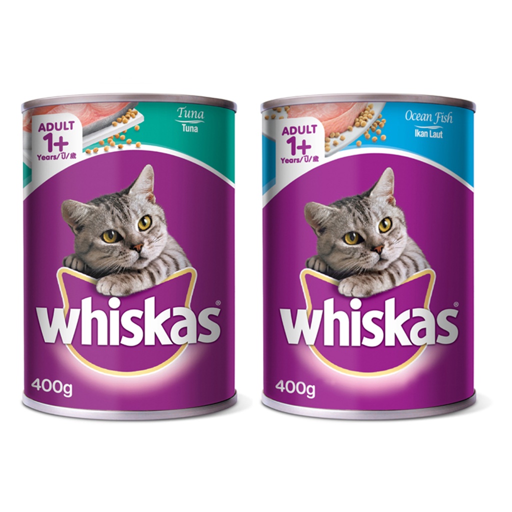 WHISKAS Bộ thức ăn cho mèo lớn dạng pate vị cá biển 400g + vị cá ngừ 400g (4 lon)