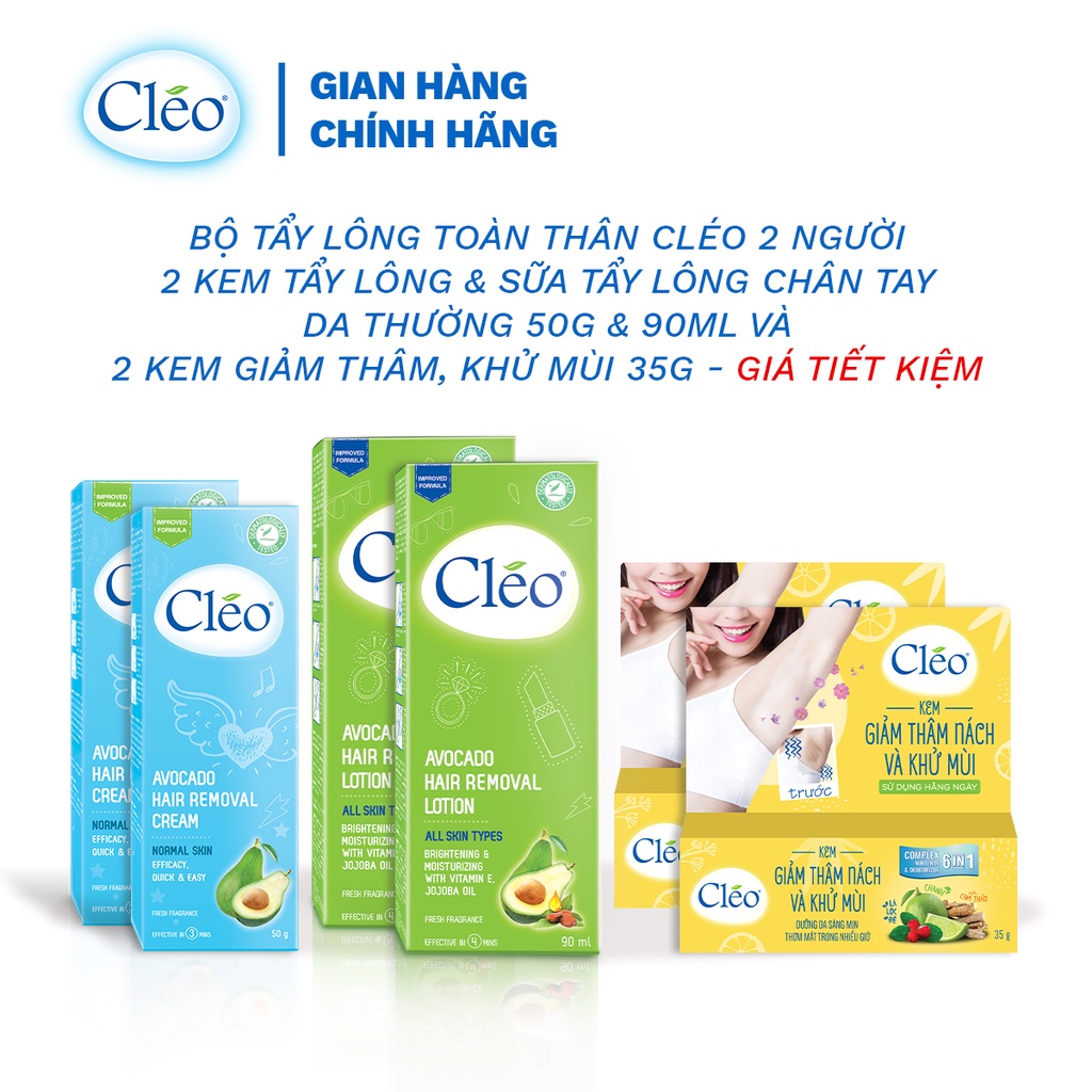 Bộ tẩy lông toàn thân Cleo gồm 2 kem tẩy lông da thường 50g &amp; lotion tẩy lông 90ml và 2 kem giảm thâm khử mùi 35g