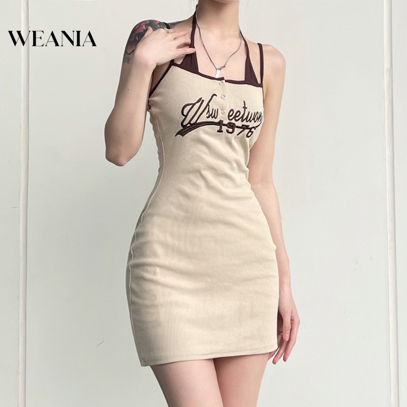 Đầm Hai Dây Hở Lưng In Chữ Phong Cách Hàn Quốc