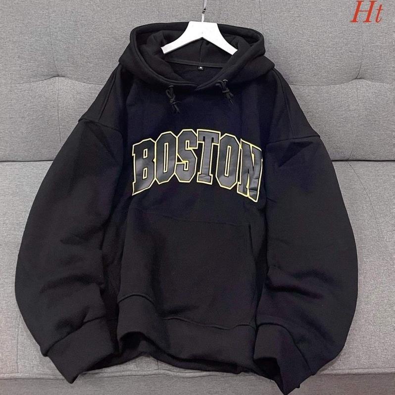 Áo hoodie nỉ mũ màu đen BOSTON Ht