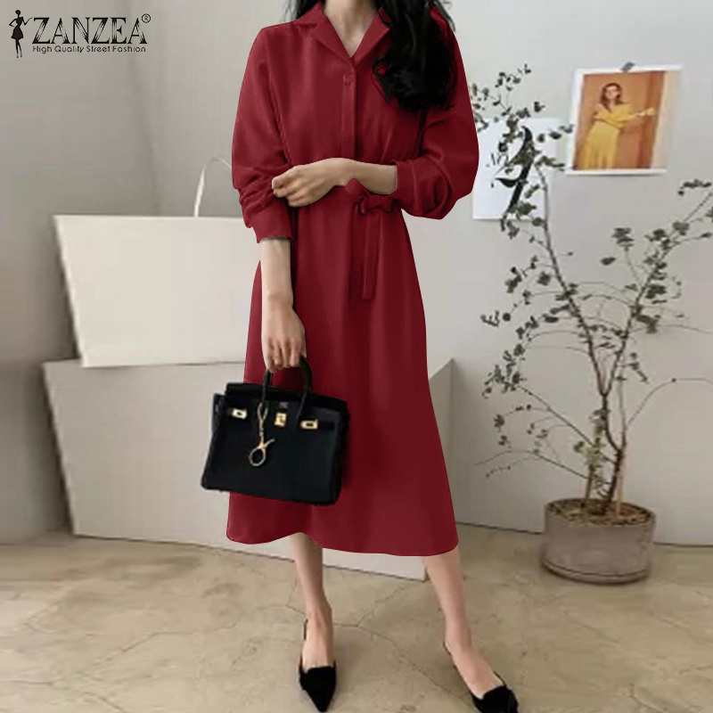 Đầm ZANZEA dạng dài cổ bẻ tay dài thời trang sang trọng cho nữ
