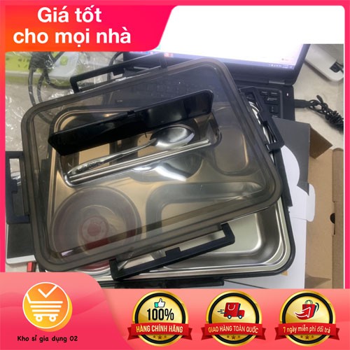 Hộp Đựng Cơm Văn Phòng Khay Inox 5 Ngăn Có Bát Để Canh Bọc Nhựa Bên Ngoài, Có Giá Để Điện Thoại - Tặng Kèm Thìa Đũa Inox