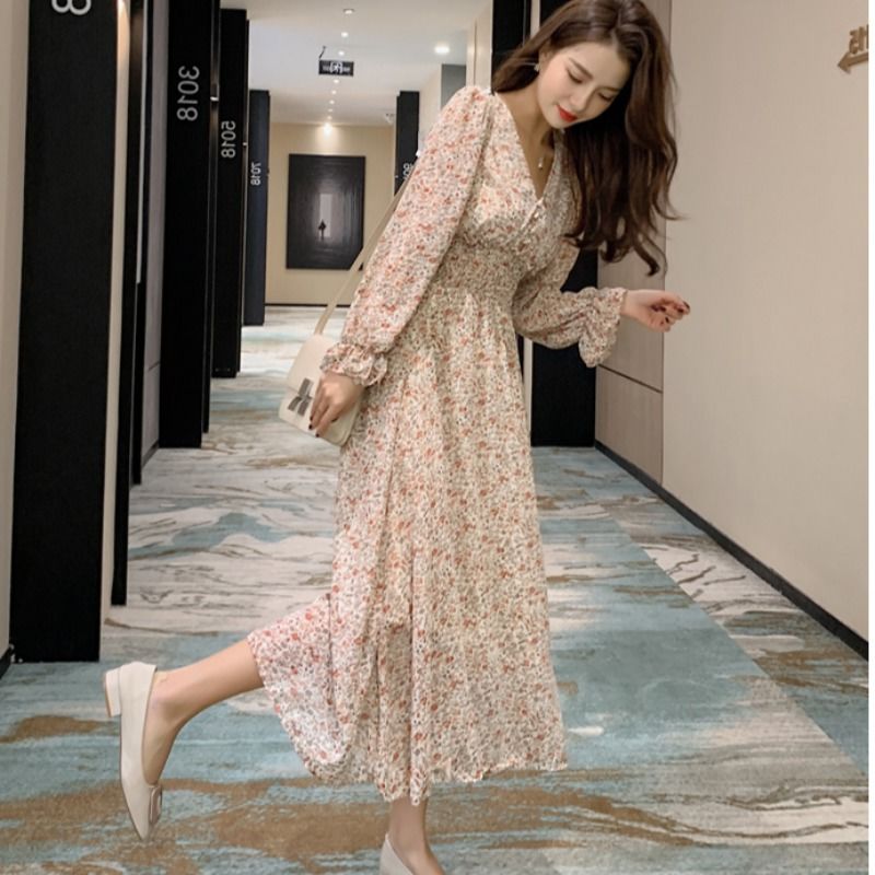 Đầm hoa BH tay dài cổ chữ V phong cách Hàn Quốc thời trang dành cho nữ