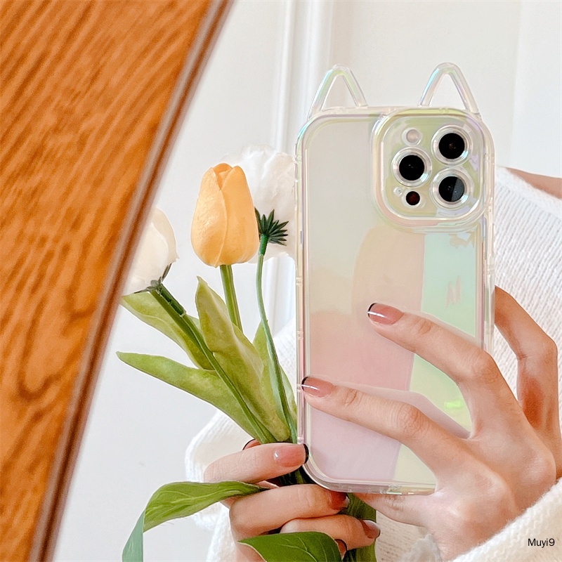 Ốp Điện Thoại Mềm Trong Suốt Màu Laser In Hình Tai Mèo Cho IPhone13promax 13Pro 12Promax I12 11Promax IX/XS MAX XR I7/8plus I13