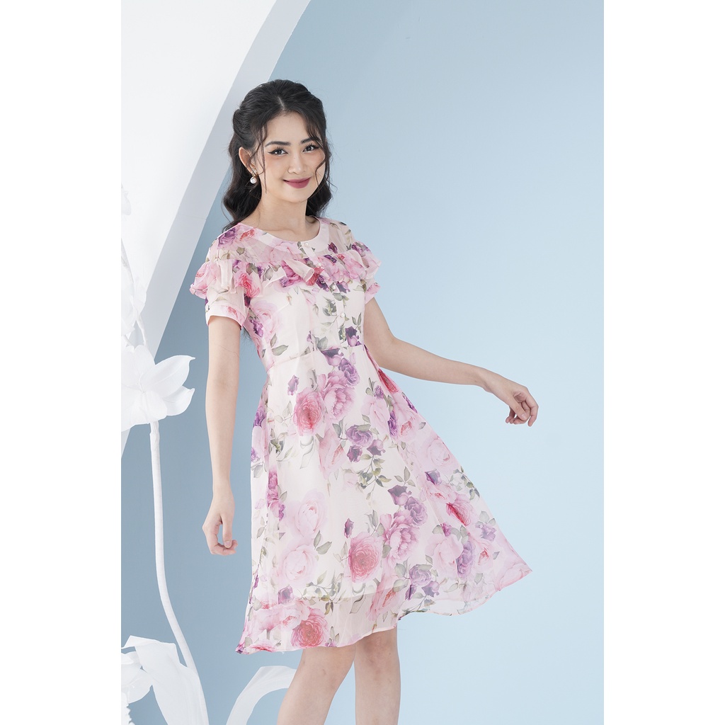 Đầm Tơ Hoa Hồng LFV3285 Thiết Kế Cổ Bèo xinh xắn nữ tính may 2 lớp dài qua gối cho nàng đi làm đi chơi đi biển dạo phố