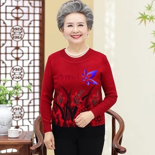 Áo len trung niên in hoa siêu sang chất đẹp màu đỏ đô