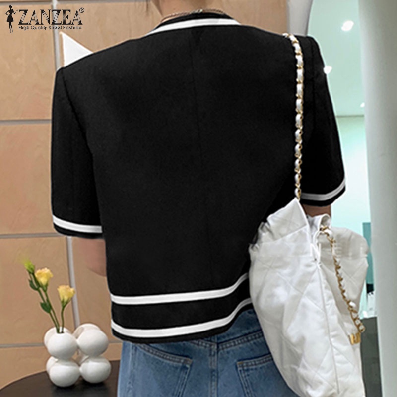 Áo khoác ZANZEA tay ngắn cổ tròn phối màu sắc tương phản phong cách đường phố Hàn Quốc thời trang dành cho nữ