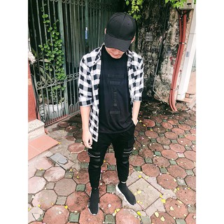 Áo Flannel Sơ Mi Caro Trắng Đen