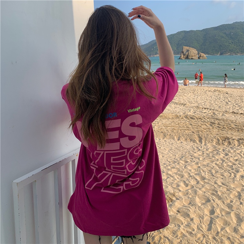Áo thun SUXI cổ tròn ngắn tay dáng rộng in chữ thời trang hè cho nữ