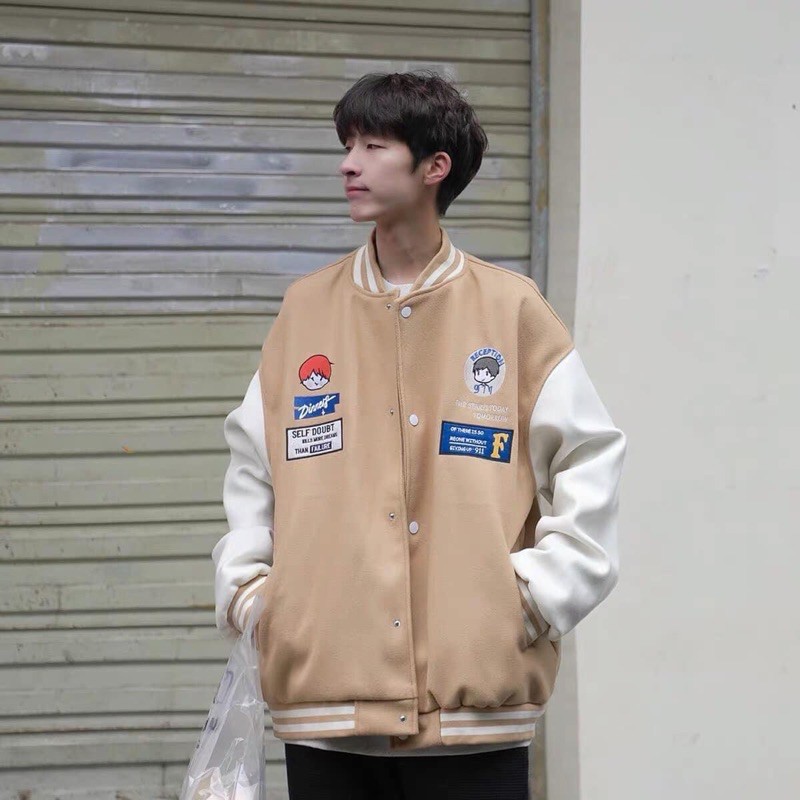 Áo Khoác Nỉ Bông Bomber Logo Nút Bấm Kèm Ảnh Thật