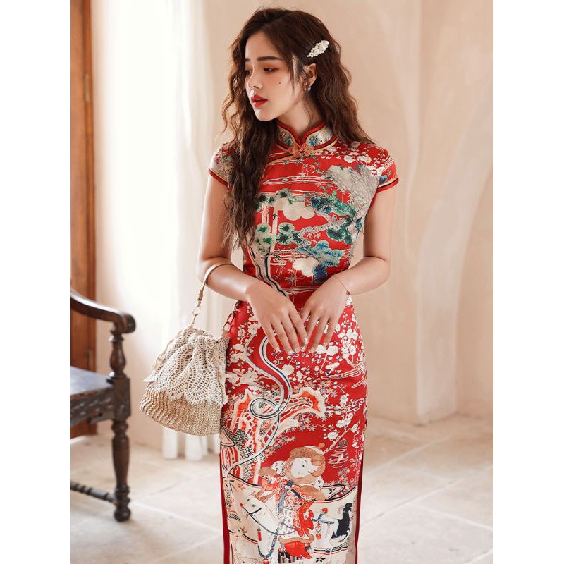 Sườn xám có sẵn sườn xám đỏ nhạt hoạ tiết trung hoa có lớp lót trong sườn xám dài xẻ cao ôm body chuẩn đẹp | BigBuy360 - bigbuy360.vn