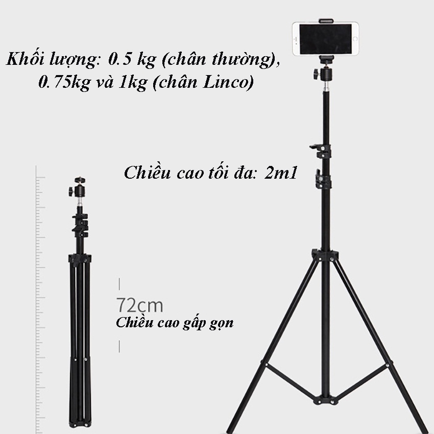 Giá đỡ điện thoại, gậy chụp hình 3 chân kèm bi + kẹp điện thoại cao 2m1